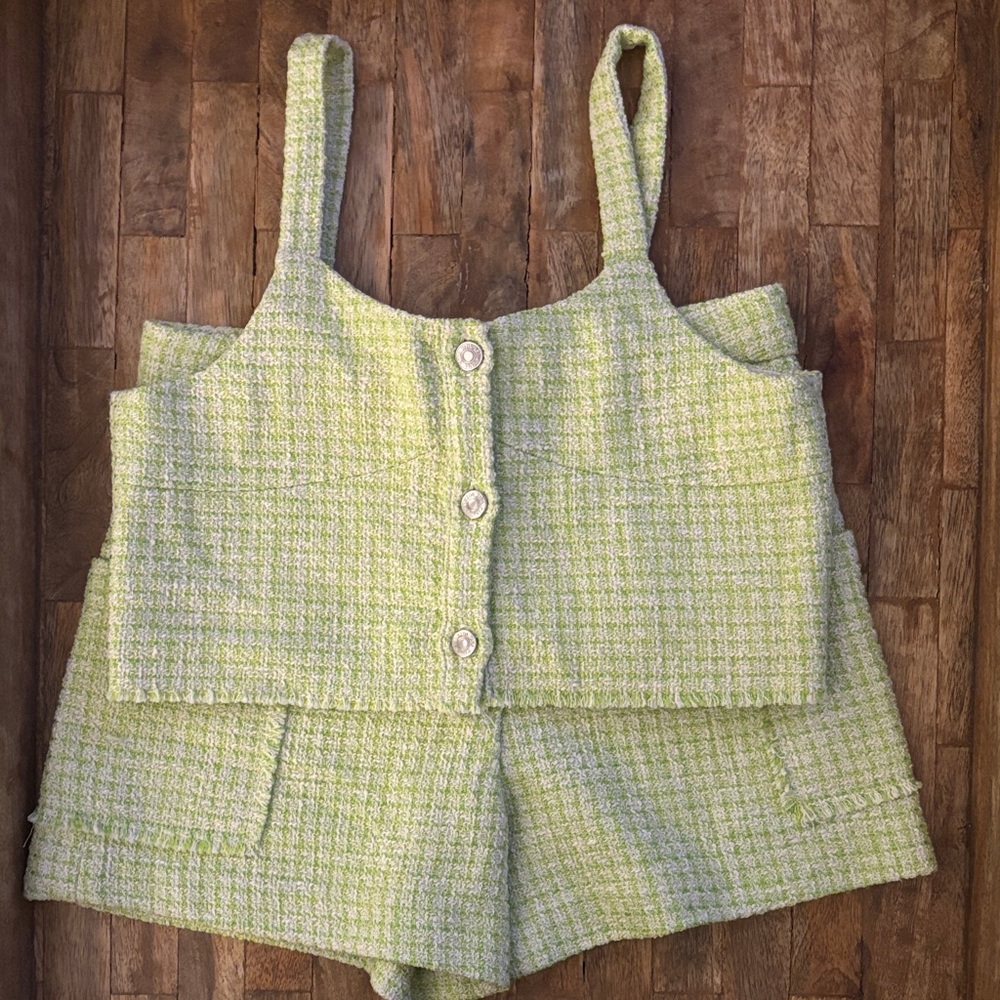Zara Kids Green Tweed Crop Top and matching shorts set size 13/14
